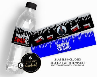 Bling Swag 16 Water Bottle Labels, Boy Sweet 16, Drippin Swag 16 Water Bottle Label, Templett, Customizable Colors, Instant download