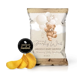 Teddy Bear Baby Shower Chip Bag, We can Bearly Wait Chip Bag, Teddy Bear Baby Shower, Editable Chip Bag Download, Instant Digital Templett