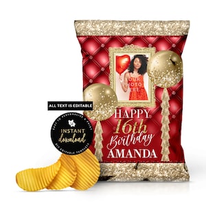 Red and Gold Chip Bag, Chip Bag with Picture, Red and Gold Birthday, Red Chip Bag, Printable Red Chip Bag, Instant Digital Templett