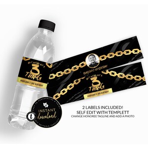 May include: Two black and gold water bottle labels with a gold chain design. The labels feature the text "Ain't Nothin' But A 3 Thang" and a photo of a child. The text "Braylond's 3rd Birthday" is also included. The labels are for a 3rd birthday party.