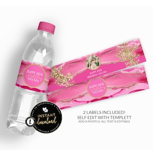 Pink and Gold Water Bottle Labels, Pink Agate Water Label, Pink and Gold Birthday, Pink Water Label, Pink Self Edit Digital Templett