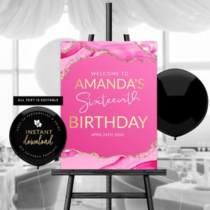 Letrero de bienvenida rosa y dorado, póster de bienvenida de ágata rosa y dorada, señalización rosa y dorada, plantilla digital de autoedición instantánea