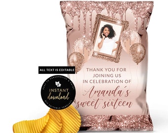 Bolsa de chips con foto en oro rosa con purpurina, bolsa de chips imprimible en oro rosa, cumpleaños en oro rosa, recuerdos de eventos en oro rosa, plantilla digital en oro rosa
