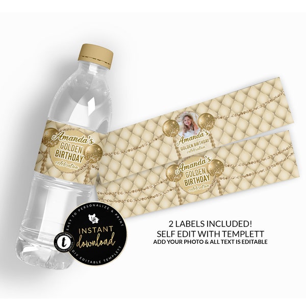 Gold Drip Water Bottle Labels, Gold Photo Water Bottle Label, Gold Party labels, Slime Printable Water Labels, Instant download Templett