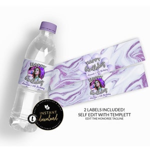 Purple Marble Water Bottle Labels, Photo Water Bottle Label, Marble water labels, Printable Water Labels, Instant download Templett
