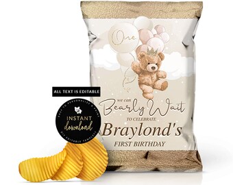May include: A printable chip bag label featuring a teddy bear wearing a crown and holding balloons. The label is decorated with clouds and the text "We can Bearly Wait to Celebrate Braylond's First Birthday".