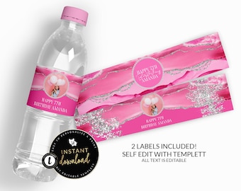 Pink and Silver Water Bottle Labels, Pink Agate Water Label, Pink and Silver Birthday, Pink Water Label, Pink Self Edit Digital Templett