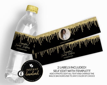 Dripping Gold Water Bottle Labels, Editable Gold Water Label, Gold Birthday Water Label, Printable Water Labels, Instant download Templett