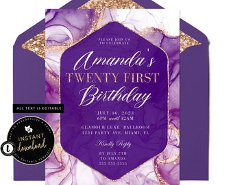 Purple and Rose Gold Invitation, Purple Birthday Invitation, Purple Sweet 16, Birthday Invitation, Purple Invite, Templett Invite