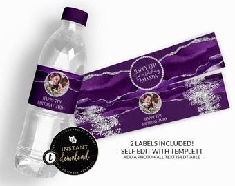 Purple and Silver Water Bottle Labels, Purple and Silver Agate Water Label, Purple Silver Birthday, Water Label Self Edit Digital Templett