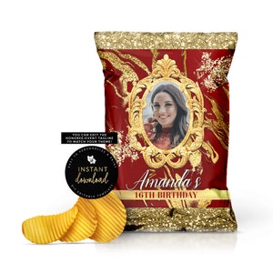 May include: A red and gold chip bag with a gold ornate frame and a woman's photo inside. The bag has a gold glitter texture and the text "Amanda's 16th Birthday".
