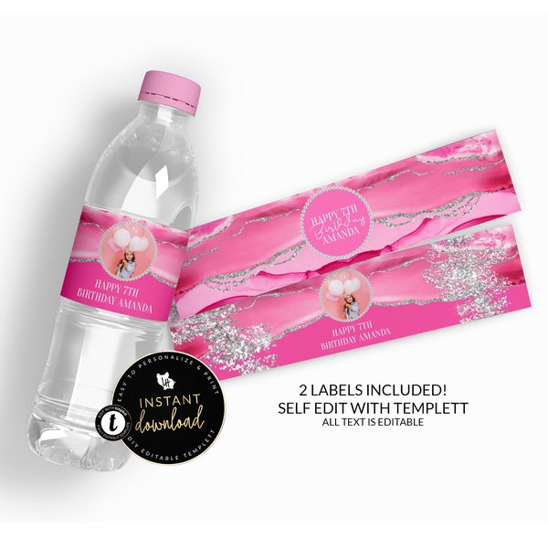 Pink and Silver Water Bottle Labels, Pink Agate Water Label, Pink and Silver Birthday, Pink Water Label, Pink Self Edit Digital Templett