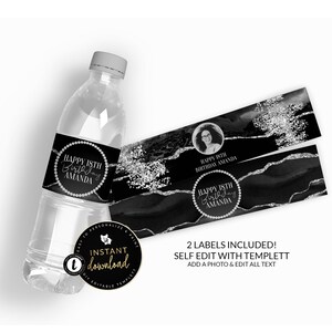 Black and Silver Water Bottle Labels, Black and Silver Agate Water Labels , Black and Silver Birthday, Self Edit, Water Digital Templett