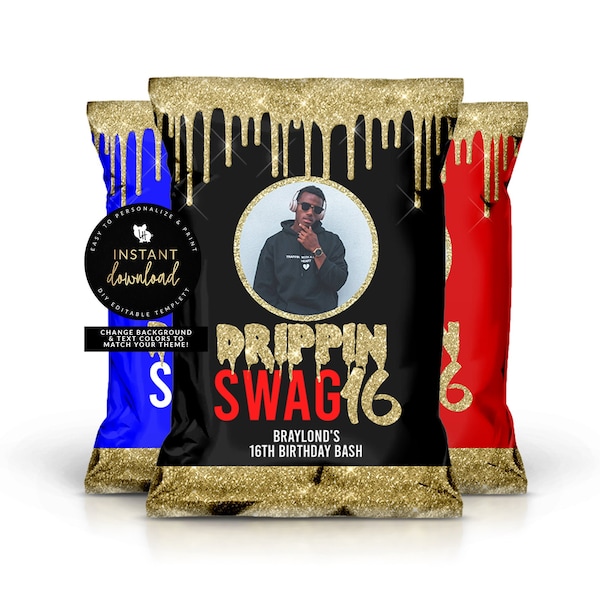 Swag 16 Chip Bag, Sweet Sixteen Chip Bag, 16th Birthday Party Favor, Swag 16, Gold Drip Chip Bag, Boy Sweet 16, Digital Templett
