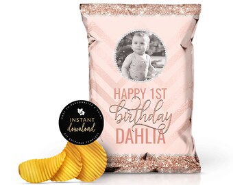 Bolsa de papas fritas en oro rosa, bolsa de papas fritas para cumpleaños, bolsa de papas fritas para niñas, bolsa de refrigerio en oro rosa, bolsa de papas fritas imprimible, cumpleaños en oro rosa, plantilla digital