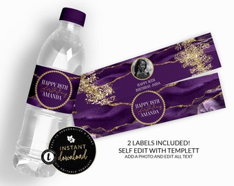 Purple and Gold Water Bottle Labels, Purple and Gold Agate Water Labels , Purple and Gold Birthday, Water Label Self Edit Digital Templett