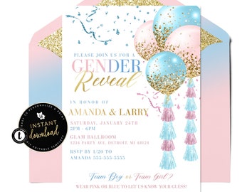 Ballon-Gender-Reveal-Einladung, Gender-Reveal-Party, Gender-Reveal-Party, Blau oder Rosa, Junge oder Mädchen, Sofortiger Download, digitales Templett