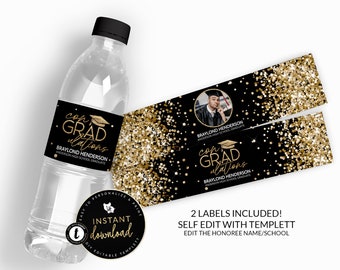 Graduation Water Label, Congradulations Water Label, Gold Graduation Water Label, Grad Party, Editable Label, Instant Download, Templett