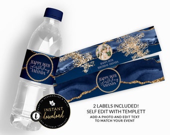 Blue and Gold Water Bottle Labels, Blue and Gold Agate Water Labels , Blue and Gold Birthday, Blue Water Label Self Edit Digital Templett