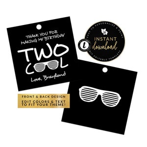 Może przedstawiać: Czarno-biała, drukowana etykieta na prezent z tekstem "Dziękuję za to, że sprawiłeś, że moje urodziny były super" i "Z miłością, Braylond". Etykieta zawiera również parę białych okularów przeciwsłonecznych z czarnymi paskami. Tekst "Projekt przodu i tyłu Zmień kolory i tekst, aby dopasować do swojego motywu!" jest wydrukowany złotem na czarnym tle.