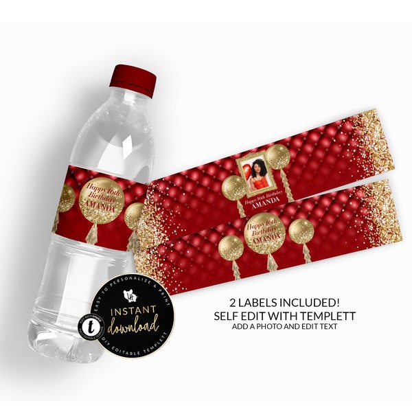 Red and Gold Water Bottle Labels, Photo Water Bottle Label, Birthday Water labels, Printable Water Labels, Instant download Templett