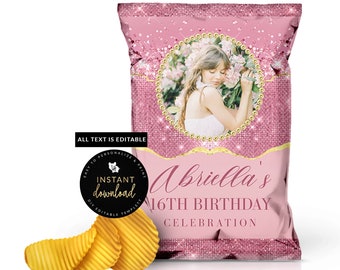 Bolsa de papas fritas para cumpleaños de niñas, bolsa de papas fritas imprimible en rosa, cumpleaños rosa y dorado, bolsa de papas fritas rosa, bolsa de papas fritas imprimible, plantilla digital instantánea