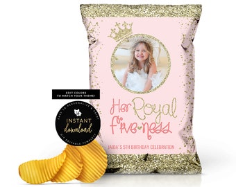 May include: Printable chip bag template with a pink background and gold glitter accents. The bag features a crown, a photo of a girl, and the text "Her Royal Fiveness" with a heart. The text "Jaida's 5th Birthday Celebration" is also included.