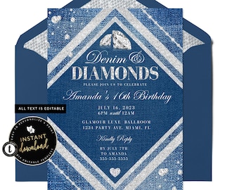 Denim and Diamonds Invitation, Denim Invitation, Diamonds & Denim, Diamond Birthday Invitation, Editable Instant Digital Templett