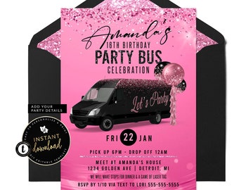 Party Bus Invitation, Party Bus Birthday Invitation, Girl Party Bus Invite, Pink Party Bus Invite, Instant Self Edit Digital Templett