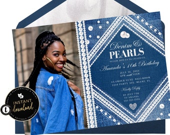 Denim and Pearls Photo Invitation, Denim Invitation, Pearls & Denim, Pearl Birthday Invitation, Editable Instant Digital Templett