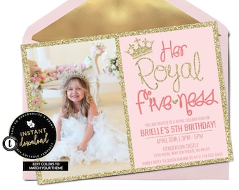 Her Royal Fiveness Photo Invitation, Princess Birthday Invitation, 5th Birthday Invitation, Princess Party Invite, Templett Invitation