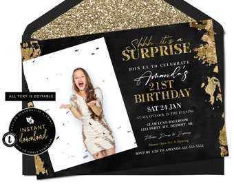 Könnte beinhalten: Schwarze und goldene Geburtstagseinladung mit Platzhalter für ein Foto. Die Einladung lautet "Shhh...it's a SURPRISE JOIN US TO CELEBRATE Amanda's 21ST BIRTHDAY SAT 24 JAN AT SIX O'CLOCK IN THE EVENING GLAM LUXE BALLROOM 1234 PARTY AVE. DETROIT, MI Pls Dress to Impress Dinner Open Bar & Dancing RSVP BY 1/20 TO AMANDA 555-555-5555"