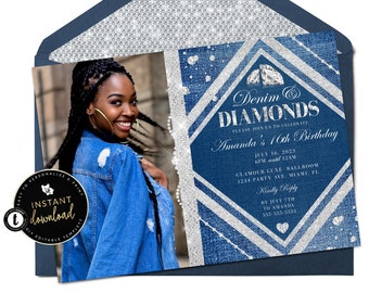 Denim and Diamonds Photo Invitation, Denim Invitation, Diamonds & Denim, Diamond Birthday Invitation, Editable Instant Digital Templett