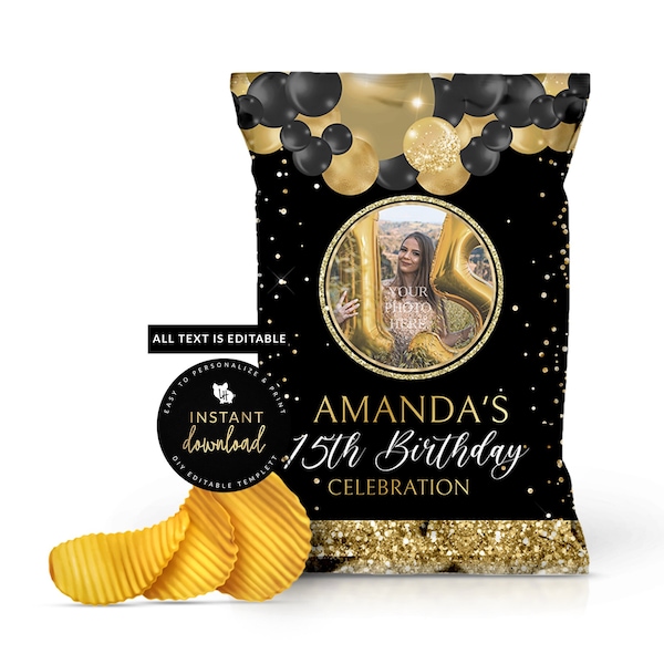 Black and Gold Chip Bag, Chip Bag with Photo, Birthday Printable Chip Bag, Gold Chip Bag, Golden Birthday, Instant Digital Templett
