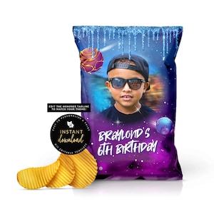 May include: A printable chip bag design featuring a galaxy theme with a photo of a boy wearing sunglasses and a baseball cap. The text "Braymond's 6th Birthday" is printed on the bag.