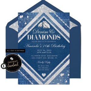 Denim and Diamonds Invitation, Denim Invitation, Diamonds & Denim, Diamond Birthday Invitation, Editable Instant Digital Templett