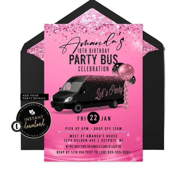 Party Bus Invitation, Party Bus Birthday Invitation, Girl Party Bus Invite, Pink Party Bus Invite, Instant Self Edit Digital Templett