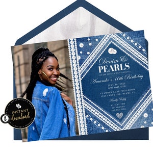 Denim and Pearls Photo Invitation, Denim Invitation, Pearls & Denim, Pearl Birthday Invitation, Editable Instant Digital Templett