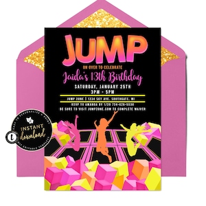 Girl Trampoline Party Invitation, Jump Birthday Invitation, Trampoline Party Invitation, Trampoline Birthday, Instant Invitation Templett