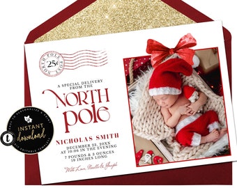 North Pole Christmas Birth Announcement, Christmas Birth Announcement Template, Christmas Photo Birth Announcement, Digital Announcement