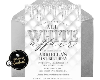 May include: A silver glitter and white invitation for an all white 21st birthday party. The invitation says "You are invited to an All White Affair" in celebration of "Abriella's 21st Birthday". The party is on Saturday, December 17th from 6pm to 12am at the Luxe Ballroom, 1234 Party Ave., Miami, FL. The invitation asks guests to dress in all white and RSVP by 1/20 to Amanda at 555-555-5555.