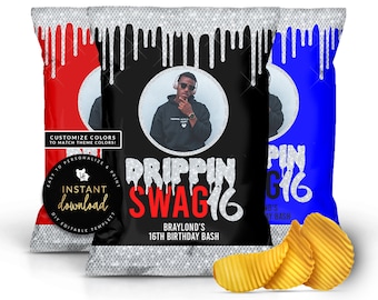 Bling Swag 16 Chip Bag, Sweet Sixteen Chip Bag, 16th Birthday Party Favor, Swag 16, Silver Drip Chip Bag, Boy Sweet 16, Digital Templett