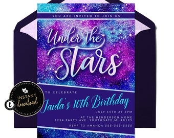 May include: Purple, blue, and teal glitter background with the text "Under the Stars" in white script.  The text "Jaida's 10th Birthday" is in blue with a white outline.  The invitation includes the date, time, and location of the party.
