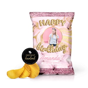 Pink & Gold Marble Birthday Chip Bag, Pink and Gold Birthday Chip Bag, Pink Birthday Snack Bag, Birthday Party Favor, Digital Templett