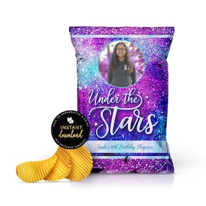 May include: Purple, blue, and pink glitter chip bag with a photo of a person in a circle. The text "Under the Stars" is in white with a gold outline. The text "Jaida's 10th Birthday Sleepover" is in white with a blue outline.