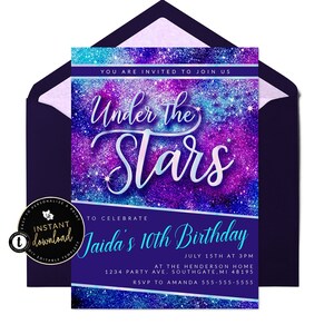 Under The Stars Galaxy Birthday Invitation, Galaxy Birthday Invite, Outer Space Invitation, Instant Birthday Invitation, Templett Invite