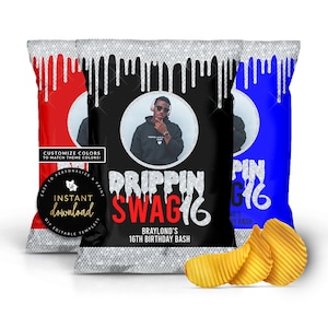 Bling Swag 16 Chip Bag, Sweet Sixteen Chip Bag, 16th Birthday Party Favor, Swag 16, Silver Drip Chip Bag, Boy Sweet 16, Digital Templett