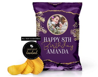 Purple and Gold Chip Bag, Purple and Gold Agate Chip Bag , Purple Chip Bag, Purple and Gold Marble Chip Bag, Instant Self Edit Templett