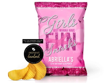 Bolsa de papas fritas "Girls Just Wanna Have Snacks", bolsa rosa para papas fritas, cumpleaños de niña, noche de chicas, bolsa con purpurina, recuerdo de fiesta, plantilla digital