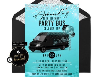 Party Bus Invitation, Party Bus Birthday Invitation, Girl Party Bus Invite, Teal Party Bus Invite, Instant Self Edit Digital Templett